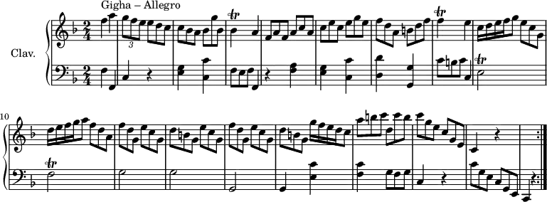 
\version "2.18.2"
\header {
  tagline = ##f
  % composer = "Domenico Scarlatti"
  % opus = "K. 78"
  % meter = "Allegro"
}
%% les petites notes
trillB     = { \tag #'print { bes4\trill } \tag #'midi { c32 bes c bes~ bes8 } }
trillF     = { \tag #'print { f4\trill } \tag #'midi { g32 f g f~ f8 } }
dMuet      = { \tag #'print { \times 2/3 { c'8 g e } } \tag #'midi { \times 2/3 { s8 g8 e } } }
trillEb    = { \tag #'print { e2\trill } \tag #'midi { f32 e f e~ e8~ e4 } }
trillFb    = { \tag #'print { f2\trill } \tag #'midi { g32 f g f~ f8~ f4 } }
upper = \relative c'' {
  \clef treble 
  \key f \major
  \time 2/4
  \tempo 4 = 112
  \set Staff.midiInstrument = #"harpsichord"
  \override TupletBracket.bracket-visibility = ##f
  \repeat volta 2 {
      s8*0^\markup{Gigha – Allegro} 
      f4 a | \times 2/3 { g8 f e }   \omit TupletNumber \times 2/3 { e8 d c } | \times 2/3 { c8 bes a } \times 2/3 { bes8 g' bes, } \trillB a4 | \times 2/3 { f8 a f } \times 2/3 { a8[ c a] }
      % ms. 6
      \times 2/3 { c8 e c } \times 2/3 { e8[ g e] } \times 2/3 { f8 d a } \times 2/3 { b8[ d f] } \trillF e4 | \times 2/3 { c16 d e f g8 } \times 2/3 { e8 c g } | \times 2/3 { d'16 e f g a8 } \times 2/3 { f8 d a }
      % ms. 11
      \times 2/3 { f'8 d g, } \times 2/3 { e'8[ c g] } \times 2/3 { d'8 b g } \times 2/3 { e'8[ c g] } \times 2/3 { f'8 d g, } \times 2/3 { e'8[ c g] } \times 2/3 { d'8 b g } \times 2/3 { g'16 f e d c8 } | \times 2/3 { a'8 b c } \times 2/3 { d,8[ c' b] }
      % ms. 16
      \times 2/3 { c8 g e } \times 2/3 { c8[ g e] } c4 r4 s2 }%reprise
}
lower = \relative c' {
  \clef bass
  \key f \major
  \time 2/4
  \set Staff.midiInstrument = #"harpsichord"
  \override TupletBracket.bracket-visibility = ##f
  \omit TupletNumber
  \repeat volta 2 {
    % **************************************
      f,4 f, | c' r4 | < e g >4 < c c' > | \times 2/3 { f8 e f } f,4 | r4 < f' a >4
      % ms. 6
      < g e >4 < c, c' > | < d d' > < g, g' > | \times 2/3 { c'8 b c } c,4 | \trillEb | \trillFb |
      % ms. 11
      g2 g g, | g4 < e' c' >4 | < f c' > \times 2/3 { g8 f g } |
      % ms. 16
      c,4 r4 | \dMuet \times 2/3 { c8[ g e] } | c4 r4 }% reprise
      % ms. 21
}
thePianoStaff = \new PianoStaff <<
    \set PianoStaff.instrumentName = #"Clav."
    \new Staff = "upper" \upper
    \new Staff = "lower" \lower
  >>
\score {
  \keepWithTag #'print \thePianoStaff
  \layout {
      #(layout-set-staff-size 17)
    \context {
      \Score
     \override SpacingSpanner.common-shortest-duration = #(ly:make-moment 1/2)
      \remove "Metronome_mark_engraver"
    }
  }
}
\score {
  \unfoldRepeats
  \keepWithTag #'midi \thePianoStaff
  \midi { }
}
