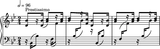 
\version "2.18.2"
\header {
  tagline = ##f
}
upper = \relative c'' {
  \clef treble 
  \key bes \major
  \time 2/4
  \tempo 2 = 96
  %\autoBeamOff
   %%Cramer — Étude 37 (pdf p. 73)
   \stemUp < bes d, >8[^\markup{Prestissimo} r16 < bes d, >16]( < c a >8)[ r16 < c a >16] < d bes >8[ r16 < c f, >16] < bes d, >8[ r16 < bes d, >16]( < c a >8[ r16 < c a >16]
   < d bes >8[ r16 < d bes >16]
}
lower = \relative c {
  \clef bass
  \key bes \major
  \time 2/4
   r16 bes16( bes'8) r16 f16_( \stemDown \change Staff = "upper" f'8) \stemUp \change Staff = "lower" r16 bes,16_( \stemDown \change Staff = "upper" bes'8) r16 \stemUp \change Staff = "lower" bes,,16( bes'8) r16 f16( \stemDown \change Staff = "upper" f'8) \stemUp \change Staff = "lower" r16 \stemUp \change Staff = "lower" bes,16_( \stemDown \change Staff = "upper" bes'8)
}
  \header {
    piece = ""
  }
\score {
  \new PianoStaff <<
    \new Staff = "upper" \upper
    \new Staff = "lower" \lower
  >>
  \layout {
    \context {
      \Score
    }
  }
  \midi { }
}
