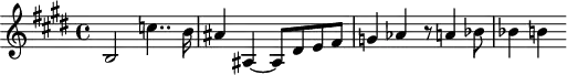 
\header {
  tagline = ##f
}
\score {
  \new Staff \with {
  }
<<
  \relative c'' {
    \clef treble
    \key e \major
    \time 4/4
    \tempo 4 = 70
    \override TupletBracket #'bracket-visibility = ##f 
    %\autoBeamOff
    \set Staff.midiInstrument = #"string ensemble 1"
     %%%%%%%%%%%%%%%%%%%%%%%%%% AB 9-3 th1
     b,2 c'!4.. b16 ais4 ais,!4~ ais8 dis e fis g!4 aes r8 a!4 bes8 bes4 b!
  }
>>
  \layout {
    \context { \Score \remove "Metronome_mark_engraver"
    }
  }
  \midi {}
}
