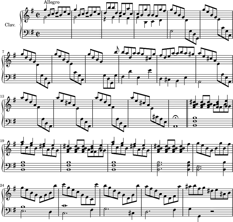 
\version "2.18.2"
\header {
  tagline = ##f
  % composer = "Domenico Scarlatti"
  % opus = "K. 337"
  % meter = "Allegro"
}
%% les petites notes
%trillBesp     = { \tag #'print { bes4.\prall } \tag #'midi { c32 bes c bes~ bes4 } }
upper = \relative c'' {
  \clef treble 
  \key g \major
  \time 2/2
  \tempo 2 = 92
  \set Staff.midiInstrument = #"harpsichord"
  \override TupletBracket.bracket-visibility = ##f
      s8*0^\markup{Allegro}
      \stemUp \repeat unfold 2 { g'4 b,8 c d b e c } | d8 b' b d, d c a' c, | c b g' b, b a g' fis |
      % ms. 5
      \repeat unfold 2 { g8 d b g s2 | g'8 e b g s2 } |
      % ms. 9
      g'8 d b g s4 s8 b'8 | b a d, a' a g cis, g' | fis d e a~ a b a gis | \repeat unfold 2 { a e cis a s2 |
      % ms. 13
      a'8 fis d a s2 } | a'8 e cis a s2 | s1 |
      % ms. 18
      \stemNeutral \repeat unfold 2 { < fis a b dis >4 q8 q8 << { < fis b dis >4 < g e' > } \\ { a8 fis b g } >> | << { a'4 g fis e } \\ { fis8 c e b dis a b g } >> }
      % ms. 22
      < fis a b dis >4 q8 q8 q4 fis' | g8 e b g b g' b, fis' | g e b g e g b b' | c g e c g e c c'' |
      % ms. 26
      b8 g d b g d g b' | a fis d a fis d fis a' | ais b fis g dis e ais, b | 
}
lower = \relative c' {
  \clef bass
  \key g \major
  \time 2/2
  \set Staff.midiInstrument = #"harpsichord"
  \override TupletBracket.bracket-visibility = ##f
    % ************************************** \appoggiatura a8  \repeat unfold 2 {  } \times 2/3 { }   \omit TupletNumber 
      \stemDown \change Staff = "upper" g'2 r2 | g2 r2 | r4 g4 a fis  | g b, c d |
      % ms. 5
      \change Staff = "lower" g,2 \repeat unfold 2 { \stemDown \change Staff = "upper" d'8  \change Staff = "lower" g, d g, | s2 \stemDown \change Staff = "upper" e''8 \change Staff = "lower" c g c, s2 } |
      % ms. 9
      g'8 d g, g' | fis4 d' e, e' | d, cis b e | a,2 \repeat unfold 2 { \stemDown \change Staff = "upper" e''8  \change Staff = "lower" a, e a, |
      % ms. 13
      s2 \stemDown \change Staff = "upper" fis''8   \change Staff = "lower" a, d, a s2 } | \stemDown \change Staff = "upper" e''8 \change Staff = "lower" cis a e | a,1\fermata \bar "||"
      % ms. 18
      \repeat unfold 4 { < b fis' b >1 }
      % ms. 22
      < b fis' b >2. q4 | < e b >2. < b b' >4 | << { b'1 | c } \\ { e,2. d4 | c2. fis4 } >>
      % ms. 26
      g2. cis,4 | d2. fis4 | g4 g, r2 |
}
thePianoStaff = \new PianoStaff <<
    \set PianoStaff.instrumentName = #"Clav."
    \new Staff = "upper" \upper
    \new Staff = "lower" \lower
  >>
\score {
  \keepWithTag #'print \thePianoStaff
  \layout {
      #(layout-set-staff-size 17)
    \context {
      \Score
     \override SpacingSpanner.common-shortest-duration = #(ly:make-moment 1/2)
      \remove "Metronome_mark_engraver"
    }
  }
}
\score {
  \keepWithTag #'midi \thePianoStaff
  \midi { }
}
