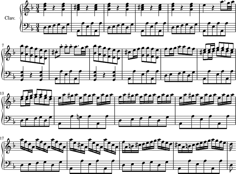 
\version "2.18.2"
\header {
  tagline = ##f
  % composer = "Domenico Scarlatti"
  % opus = "K. deest"
  % meter = ""
}
%% les petites notes
trillAqp       = { \tag #'print { a8. } \tag #'midi { bes32 a bes a~ a16 } }
base           = { d,8 e f g d g | a, a' e a a, a' }
upper = \relative c'' {
  \clef treble 
  \key d \minor
  \time 3/4
  \tempo 4 = 88
  \set Staff.midiInstrument = #"harpsichord"
  \override TupletBracket.bracket-visibility = ##f
      %s8*0^\markup{Allegro}
      \repeat unfold 2 { < a d f >4 r4 q4 | < a cis e >4 r4 q4 } | < a d f >4 r4 q4 | e'4 r4 \trillAqp g32 a | < bes, bes' >8 < a a' > < g g' > < f f'> < e e' > < d d' > |
      % ms. 3
      cis'8-. a'-. a-. a-. \trillAqp g32 a | < bes, bes' >8 < a a' > < g g' > < f f'> < e e' > < d d' > | cis'8 e16 f < g, g' >8 q < f f' > < e e' >
      % ms. 11
      f'8 f16 g a8 a g f | << { e8 e16 f g8 g f e | f f16 g a8 a g f } \\ { cis8 cis16 d e8 e d cis | d d16 e f8 f e d  } >> |
      % ms. 14
      \repeat unfold 3 { e16 a gis a } | \repeat unfold 3 { f16 a gis a }
      % ms. 16
      \repeat unfold 3 { e16 a gis a } | \repeat unfold 3 { a16 f d a } | \repeat unfold 3 { a'16 e cis a } | 
      % ms. 19
      f'16 a, b cis d e f g a f e d | cis a b cis d e f g a g f e | d 
}
lower = \relative c' {
  \clef bass
  \key d \minor
  \time 3/4
  \set Staff.midiInstrument = #"harpsichord"
  \override TupletBracket.bracket-visibility = ##f
    % ************************************** \appoggiatura a16  \repeat unfold 2 {  } \times 2/3 { }   \omit TupletNumber 
      \repeat unfold 3 { \base } |
      % ms. 7
      \repeat unfold 2 { < g, d' g >4 r4 q4 | a8 a' e a a, a' }
      % ms. 11
      \base | d,8 e f g d g | a, a' g! a a, a' |
      % ms. 16
      \base | \base |
      % ms. 19
      \base | d,8
}
thePianoStaff = \new PianoStaff <<
    \set PianoStaff.instrumentName = #"Clav."
    \new Staff = "upper" \upper
    \new Staff = "lower" \lower
  >>
\score {
  \keepWithTag #'print \thePianoStaff
  \layout {
      #(layout-set-staff-size 17)
    \context {
      \Score
     \override SpacingSpanner.common-shortest-duration = #(ly:make-moment 1/2)
      \remove "Metronome_mark_engraver"
    }
  }
}
\score {
  \keepWithTag #'midi \thePianoStaff
  \midi { }
}
