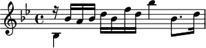 
\header {
  tagline = ##f
}
\score {
  \new Staff \with {
  }
<<
  \relative c'' {
    \key bes \major
    \time 4/4
    \override TupletBracket #'bracket-visibility = ##f 
    \autoBeamOff
     %%%%%%%%%%%%%%%%%%%%%%%%%% K33e / Anh 200
     << { r16 bes16[ a bes] } \\ { bes,4 } >>
      d'16[ bes f' d] bes'4 bes,8.[ d16]
  }
>>
  \layout {
    \context {
      \remove "Metronome_mark_engraver"
    }
  }
  \midi {}
}
