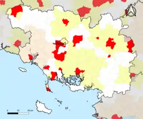 Localisation de l'aire d'attraction de Baud dans le département du Morbihan.