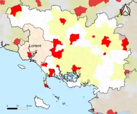 Localisation de l'aire d'attraction de Lorient dans le département du Morbihan.