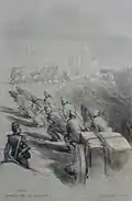 Jules Noël : Bagnards du bagne de Brest : attelage de forçats (dessin, 1844)