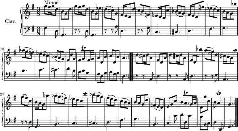 
\version "2.18.2"
\header {
  tagline = ##f
  % composer = "Domenico Scarlatti"
  % opus = "K. 80"
  % meter = "Minuet"
}
%% les petites notes
trillGqp     = { \tag #'print { g8.\trill } \tag #'midi { a32 g a g~ g16 } }
trillAqp     = { \tag #'print { a8.\trill } \tag #'midi { b32 a b a~ a16 } }
trillA       = { \tag #'print { a4\trill } \tag #'midi { b32 a b a~ a8 } }
upper = \relative c'' {
  \clef treble 
  \key g \major
  \time 3/8
  \tempo 4. = 60
  \set Staff.midiInstrument = #"harpsichord"
  \override TupletBracket.bracket-visibility = ##f
  \repeat volta 2 {
      s8*0^\markup{Minuet}
      g'8 fis16 g d8 | b g d' | g8 fis16 g d8 | b g ees' | d( cis) g | fis16 e d8 d'
      % ms. 7
      c( b) f | ees16 d c8 c' | bes( a g) | fis16 e d8 f' | ees( d c) | b16 a g8 bes' | aes( g f) | 
      % ms. 14
      ees8( d c) | bes( a g) | fis d' g, | fis \trillGqp fis32 g | a8 d, b' | c d, b' |   \tempo 4. = 40 a4. \tempo 4. = 60 }%repet
  \repeat volta 2 {
      % ms. 21
      d8 cis16 d a8 | fis d a' | d8 cis16 d a8 | \stemUp fis d \stemDown bes'' | \stemNeutral a( gis) d | cis16 b a8 a' |
      % ms. 27
      g( fis) c | b16 a g8 aes' | aes( g f ) | ees16 d c8 c' | bes8( a g) | fis( e d) | c( b a) |
      % ms. 34
      b16 a g8 d' | f,( e d) | e g c | b \trillAqp g32 a | d,8 g' c, | b \trillA | g4. }%repet
}
lower = \relative c' {
% <<
  \clef bass
  \key g \major
  \time 3/8
  \set Staff.midiInstrument = #"harpsichord"
  \override TupletBracket.bracket-visibility = ##f
  \repeat volta 2 {
    % ************************************** \appoggiatura a16  \repeat unfold 2 {  } \times 2/3 { }   \omit TupletNumber 
      g4 d8 | g,4. | r8 r8 d'8 | g,4. | r8 r8 a'8 | d,4. |
      % ms. 7
      r8 r8 g8 | c,4. | cis d fis g b
      % ms. 14
      c4. cis | d4 b8 | a8 b g | fis d g | a fis g | d4. }%repet
  \repeat volta 2 {
      % ms. 21
      \repeat unfold 2 { r8 r8 a8 | d4. } | r8 r8 e8 | a,4. |
      % ms. 27
      r8 r8 d8 | g,4. | b c cis d fis |
      % ms. 34
      g4. b, | c4 c'8 | d d, c' | b b, c | d4  \tempo 4. = 45 d,8 | g4.  \tempo 4. = 60 }%repet
%    \new FiguredBass {
%      \figuremode {
%      s8 s2. < _+ >2.
%      }
% >>
}
thePianoStaff = \new PianoStaff <<
    \set PianoStaff.instrumentName = #"Clav."
    \new Staff = "upper" \upper
    \new Staff = "lower" \lower
  >>
\score {
  \keepWithTag #'print \thePianoStaff
  \layout {
      #(layout-set-staff-size 17)
    \context {
      \Score
     \override SpacingSpanner.common-shortest-duration = #(ly:make-moment 1/2)
      \remove "Metronome_mark_engraver"
    }
  }
}
\score {
  \unfoldRepeats
  \keepWithTag #'midi \thePianoStaff
  \midi { }
}
