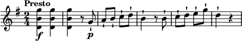 
\relative c'' {
  \version "2.18.2"
  \key g \major
  \time 2/4
  \tempo "Presto" 
 <d, b' g'>4\f <d b' g'>
 <d b' g'> r8 g\p-!
 a-! b-! c-! d-! 
 b4-! r8 b8-!
 c-! d-! e-! g-!
 d4-! r
  }
