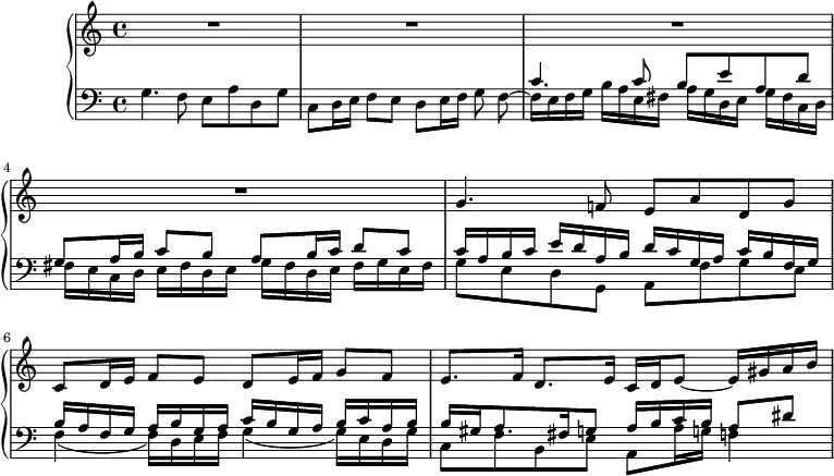 
\version "2.18.2"
\header {
  tagline = ##f
}
upper =  \relative c' {
         \clef "treble" 
         \tempo "Andante maestoso"
         \key c \major
         \time 4/4 
         \tempo 4 = 50
       R1*4 g'4. f!8 e a d, g c, d16 e f8 e d e16 f g8 f
       e8. f16 d8. e16 c d e8 ~ e16 gis a b
}
lower = \relative c' {      
         \clef "bass" 
         \key c \major
         \time 4/4
      g4.f8 e a d, g
      c, d16 e f8 e d e16 f g8
      <<{\stemDown f8 ~ f16 e f g b a e fis a g d e g fis c d } 
        \\ { \stemUp s8 c'4. c8 b e a, d}>>
      <<{\stemDown fis,16 e c d e fis d e g fis d e fis g e fis} 
        \\ { \stemUp g8 a16 b c8 b a b16 c d8 c}>>
      <<{\stemDown g8 e  d g, a  f' g e} 
        \\ { \stemUp c'16 a b c e d a b d c g a c b f g}>>
       <<{\stemDown  f4 _ (f16) d e f g4 _ (g16) e d g} 
        \\ { \stemUp b16 a f g a b g a c b g a b c a b }>>
       <<{\stemDown c,8 f b, e a, a'16 g! f!4 } 
        \\ { \stemUp b16 gis a8. fis16 g8 a16 b c b a8 dis }>>
} 
\score {
  \new PianoStaff <<  
    \new Staff = "upper" \upper
    \new Staff = "lower" \lower
  >>
  \layout {
    \context {
      \Score
      \remove "Metronome_mark_engraver"
    }
  }
  \midi { }
}
