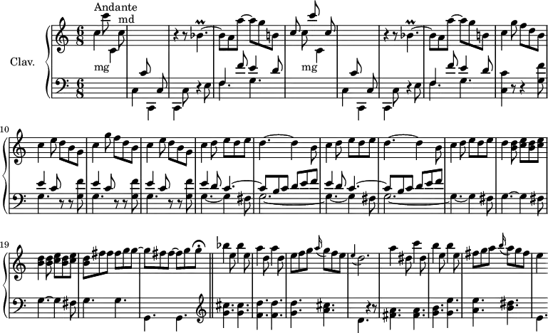 
\version "2.18.2"
\header {
  tagline = ##f
  % composer = "Domenico Scarlatti"
  % opus = "K. 398"
  % meter = "Andante"
}
%% les petites notes
trillBespUpUp    = { \tag #'print { bes''4.\prall~ } \tag #'midi { c32 bes c bes~ bes4~ } }
appoDb           = { \tag #'print { \appoggiatura e4 d2. } \tag #'midi { e4 d2 } }
upper = \relative c'' {
  \clef treble 
  \key c \major
  \time 6/8
  \tempo 4. = 98
  \set Staff.midiInstrument = #"harpsichord"
  \override TupletBracket.bracket-visibility = ##f
      s8*0^\markup{Andante}
      s4 c'8 s4 c,8^\markup{md} | \stemUp \change Staff = "lower" s4 c,8 s4 c,8  \stemNeutral  \change Staff = "upper" r4 r8 \trillBespUpUp | bes8 a a'~ a g b, |
      % ms. 5
      \stemUp c8 s8 c'8 s4 c,8 | \stemUp \change Staff = "lower" s4 c,8 s4 c,8 \stemNeutral  \change Staff = "upper" r4 r8 \trillBespUpUp | bes8 a a'~ a g b, | \repeat unfold 2 { c4 g'8 f d b |
      % ms. 10 et 13
      c4 e8 d b g } | \repeat unfold 2 { c4 d8 e d e |
      % ms. 14
      d4.~ d4 b8 } | c4 d8 e d e | 
      % ms. 18
      d4 \repeat unfold 2 { < b d >8 < c e > } | < b d >4 \repeat unfold 2 { < b d >8 < c e > } | < b d >8 fis' fis fis~ g g~ | g fis fis~ fis g   \tempo 4. = 25 g\fermata   \bar "||"   \tempo 4. = 98
      % ms. 22
      bes4 e,8 bes'4 e,8 | a4 d,8 a'4 d,8 | e f g  \appoggiatura a16 g8 f e | \appoDb |
      % ms. 26
      a'4 dis,8 c'4 dis,8 | b'4 e,8 b'4 e,8 | fis g a \appoggiatura b16 a8 g fis | e4 s8
}
lower = \relative c' {
  \clef bass
  \key c \major
  \time 6/8
  \set Staff.midiInstrument = #"harpsichord"
  \override TupletBracket.bracket-visibility = ##f
    % ************************************** \appoggiatura a16  \repeat unfold 2 {  } \times 2/3 { }   \omit TupletNumber 
      \stemDown \change Staff = "upper" c'4_\markup{mg} s8 c,4 s8  | \stemDown \change Staff = "lower" c,4 s8  c,4 s8 | c4 c'8 r4 e8 | << { f4 f'8 e4 d8 } \\ { \mergeDifferentlyDottedOn f,4. g } >>
      % ms. 5
      s8 \stemDown \change Staff = "upper" c'8_\markup{mg} s8 c,4 s8 | \stemDown \change Staff = "lower" c,4 s8 c,4 s8 | c4 c'8 r4 e8 | << { f4 f'8 e4 d8 } \\ { \mergeDifferentlyDottedOn f,4. g } >> | < c, c' >4 r8 r4 \repeat unfold 3 { < g' f' >8
      % ms. 10 et fin 12
      << { e'4 c8 } \\ { g4. } >> r8 r8 } < g f' >8 | << { \repeat unfold 2 { e'4 d8 c4.~ | c8 b c  d e f } } \\ { \repeat unfold 2 { g,4.~ g4 fis8 | g2.~ } g4.~ g4 fis8 } >> 
      % ms. 18
      \repeat unfold 2 { g4.~ g4 fis8 } | g4. g | g, g
      % ms. 22
        \clef treble  < g'' cis >4. q | < f d' > q | < g d' > < a cis > | d,4. r4 r8 |
      % ms. 26
      < fis a >4. q | < g b > < g e' > | < a e' > < b dis > | e,4.
}
thePianoStaff = \new PianoStaff <<
    \set PianoStaff.instrumentName = #"Clav."
    \new Staff = "upper" \upper
    \new Staff = "lower" \lower
  >>
\score {
  \keepWithTag #'print \thePianoStaff
  \layout {
      #(layout-set-staff-size 17)
    \context {
      \Score
     \override SpacingSpanner.common-shortest-duration = #(ly:make-moment 1/2)
      \remove "Metronome_mark_engraver"
    }
  }
}
\score {
  \keepWithTag #'midi \thePianoStaff
  \midi { }
}
