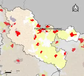 Localisation de l'aire d'attraction de Forbach (partie française) dans le département de la Moselle.