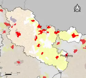 Localisation de l'aire d'attraction de Phalsbourg dans le département de la Moselle.