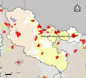 Localisation de l'aire d'attraction de Sarreguemines (partie française) dans le département de la Moselle.