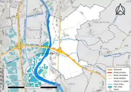 Carte en couleur présentant le réseau hydrographique de la commune