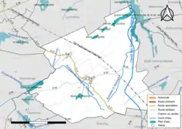 Carte en couleur présentant le réseau hydrographique de la commune