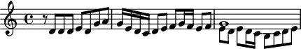 
\version "2.18.2"
\header {
  tagline = ##f
  % composer = "Johann Pachelbel"
  % opus = "Gelobet seist du, Jesu Christ, P. 166"
  % meter = ""
}
\score {
<<
  \relative c' {
    \key c \major
    \time 4/4
    \override TupletBracket #'bracket-visibility = ##f 
     %s8*0^\markup{Aria}
    r8 d8 d d e d g a | g16 e d c  d8 e f g16 f e8 f | << { g1 } \\ { e8 d e d16 c b8 c d e } >>
  }
>>
  \layout {
     #(layout-set-staff-size 17)
     \context { \Score \remove "Metronome_mark_engraver" 
     \override SpacingSpanner.common-shortest-duration = #(ly:make-moment 1/2)
     }
  }
}
