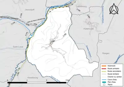 Carte en couleur présentant le réseau hydrographique de la commune