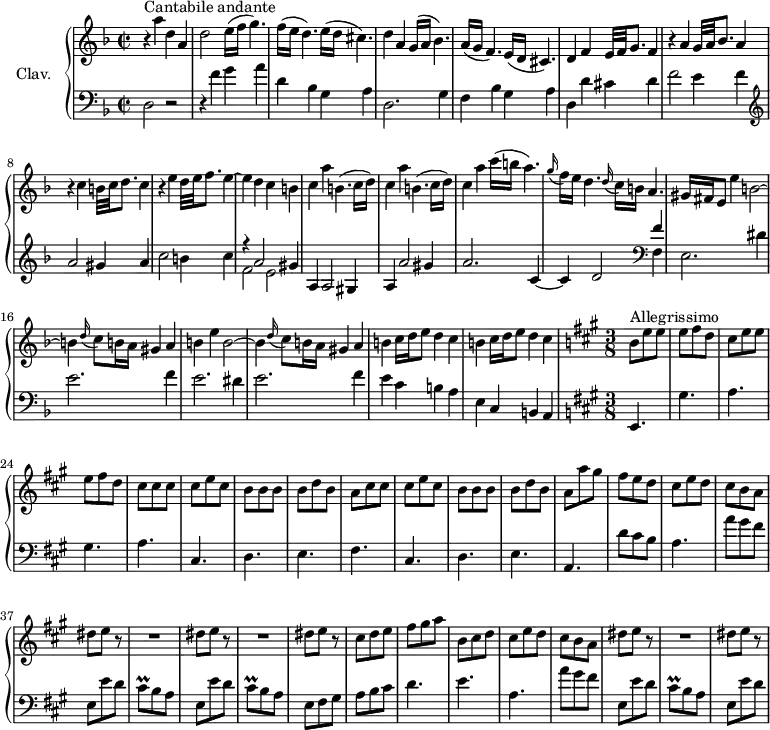 
\version "2.18.2"
\header {
  tagline = ##f
}
%% les petites notes
trillCisq = { \tag #'print { cis8\prall } \tag #'midi { d32 cis d cis } }
upper = \relative c'' {
  \clef treble 
  \key d \minor
  \time 2/2
  \tempo 2 = 62
  \set Staff.midiInstrument = #"harpsichord"
  \override TupletBracket.bracket-visibility = ##f
     s8*0^\markup{Cantabile andante} r4 a'4 d, a | d2 e16( f g4.) | f16( e d4.) e16( d cis4.) | d4 a g16( a bes4.) | a16( g f4.) e16( d cis4.) |
     % ms. 6
     d4 f e32 f g8. f4 | r4 a4 g32 a bes8. a4 | r4 c4 b32 c d8. c4 | r4 e4 d32 e f8. e4~ | e d c b |
     % ms. 11
     \repeat unfold 2 { c4 a' b,4.( c16 d) } c4 a' c16( b a4.) | \appoggiatura g16 f16 e d4.  \appoggiatura d16 c16 b a4. | gis16 fis  e8 e'4 b2~ |
     % ms. 16
     b4 \appoggiatura d16 c8 b16 a gis4 a | b e b2~ | b4 \appoggiatura d16 c8 b16 a gis4 a | \repeat unfold 2 { b c16 d e8 d4 c } |
     % ms. 21
       \tempo 4. = 98  \time 3/8  \key a \major  b8^\markup{Allegrissimo} e e | \tempo 4. = 105 e fis d | cis e e | e fis d | cis cis cis | cis e cis | b b b | b d b |
     % ms. 29
     a8 cis cis | cis e cis | b b b | b d b | a a' gis | fis e d  | cis e d | cis b a | \repeat unfold 2 { dis8 e r8 | 
     % ms. 38
      R4. } | dis8 e r8 | cis8 d e | fis gis a | b, cis d | cis e d | cis b a | 
     % ms. 47
     dis8 e r8 R4. dis8 e r8
}
lower = \relative c {
  \clef bass
  \key d \minor
  \time 2/2
  \set Staff.midiInstrument = #"harpsichord"
    % **************************************
     d2 r2 | r4 f'4 g a | d, bes g a | d,2. g4 | f bes g a |
     % ms. 6
     d,4 d' cis d | f2 e4 f |   \clef treble  a2 gis4 a | c2 b4 c | << { r4 a2 gis4 | } \\ { f2 e } >>
     % ms. 11
     a,4 a2 gis4 | a a'2 gis4 | a2. c,4~ | c d2   \clef bass << { f4 } \\ { f,4 | e2. dis'4 } >>
     % ms. 16
     e2. f4 | e2. dis4 | e2. f4 | e c b a | e c b   \tempo 2 = 45 a4 |
     % ms. 21
       \time 3/8  \key a \major e4. | gis' a gis a cis, d e 
     % ms. 29
     fis4. cis d e a, | d'8 cis b | a4. | a'8 gis fis | e,8 e' d | 
     % ms. 38
     \trillCisq b8 a | e e' d | \trillCisq b8 a | e fis gis a b cis | d4. e a, | a'8 gis fis |
     % ms. 47
     e,8 e' d | \trillCisq b a | e e' d | 
}
thePianoStaff = \new PianoStaff <<
    \set PianoStaff.instrumentName = #"Clav."
    \new Staff = "upper" \upper
    \new Staff = "lower" \lower
  >>
\score {
  \keepWithTag #'print \thePianoStaff
  \layout {
      #(layout-set-staff-size 17)
    \context {
      \Score
     \override SpacingSpanner.common-shortest-duration = #(ly:make-moment 1/2)
      \remove "Metronome_mark_engraver"
    }
  }
}
\score {
  \keepWithTag #'midi \thePianoStaff
  \midi { }
}
