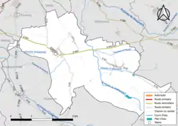 Carte en couleur présentant le réseau hydrographique de la commune