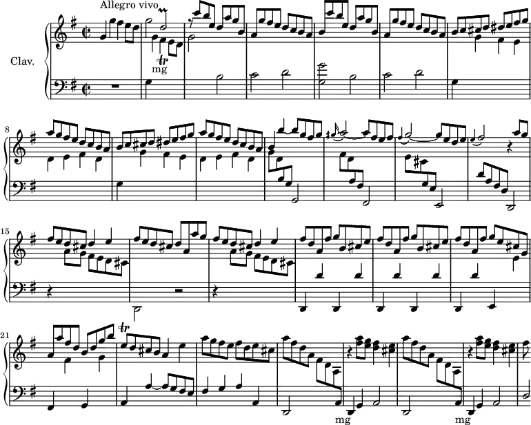 
\version "2.18.2"
\header {
  tagline = ##f
  % composer = "Domenico Scarlatti"
  % opus = "K. 180"
  % meter = "Allegro vivo"
}
%% les petites notes
trillEqDown     = { \tag #'print { e,8\trill } \tag #'midi { \times 2/3 { e16 fis e } } }
trillDb         = { \tag #'print { d2\prall } \tag #'midi { \times 2/3 { e16 d e } d8~ d4 } }
appoFisb        = { \tag #'print { \appoggiatura e4 fis2 } \tag #'midi { e4 fis4 } }
appoGb          = { \tag #'print { \appoggiatura fis4 g2~ } \tag #'midi { fis4 g4~ } }
trillFis        = { \tag #'print { fis4_\trill } \tag #'midi { \times 2/3 { g16 fis g } fis8 } }
upper = \relative c'' {
  \clef treble 
  \key g \major
  \time 2/2
  \tempo 2 = 96
  \set Staff.midiInstrument = #"harpsichord"
  \override TupletBracket.bracket-visibility = ##f
      s8*0^\markup{Allegro vivo}
      g4 g' fis4 e8 d | g2 \stemUp \trillDb | r8 \repeat unfold 2 { c'8 b e, d a' g b, | a g' fis e d c b a |
      % ms. 7
      b8 } c cis d dis e fis g | a g fis e d c b a |
      % ms. 9
      b8 c cis d dis e fis g | a g fis e d c b a | b4 b'~ b8 g fis g | \appoggiatura gis16 a2~ a8 fis e fis |
      % ms. 13
      \appoGb g8 e d e | \appoFisb r4 a8 g | fis e d cis d4 e | fis8 e d cis d a a' g |
      % ms. 17
      fis8 e d cis d4 e | \repeat unfold 2 { fis8 d a fis'  g b, cis e } | fis8 d a fis' g e cis g | a a' fis d b d g b |
      % ms. 22
      \trillEqDown d8 cis b a4 \stemNeutral  e' | a8 g fis e fis d e cis | \repeat unfold 2 { a'8 fis d a fis d a \change Staff = "lower" a,-\markup{mg} | \change Staff = "upper" b''4\rest < fis' a >8 < e g > < d fis >4 < cis e > } | 
      % ms. 28
      fis8
}
lower = \relative c' {
  \clef bass
  \key g \major
  \time 2/2
  \set Staff.midiInstrument = #"harpsichord"
  \override TupletBracket.bracket-visibility = ##f
    % ************************************** \appoggiatura \repeat unfold 2 {  } \times 2/3 { }
      R1 | g4 \stemDown \change Staff = "upper" g'-\markup{mg} \trillFis e8 d | g2 \change Staff = "lower" b, | c d |
      % ms. 5
      < g, g' >2 b | c d | \repeat unfold 2 { \change Staff = "lower"  g,4 \stemDown \change Staff = "upper" g' fis e | d e fis d } |
      % ms. 11
      g8 d \stemUp \change Staff = "lower" b g g,2 | \stemDown \change Staff = "upper" fis''8 d  \stemUp \change Staff = "lower" a fis fis,2 | 
      % ms. 13
      \stemDown \change Staff = "upper" e''8 cis  \stemUp \change Staff = "lower" g e e,2 | \stemNeutral d''8 a fis d d,2 | r4 \stemDown \change Staff = "upper" a'''8 g fis e d cis \change Staff = "lower" d,,2 r2 |
      % ms. 17
      r4 \stemDown \change Staff = "upper" a'''8 g fis e d cis \change Staff = "lower" \stemNeutral \repeat unfold 5 { d,,4 d'' } e,,4 \stemDown  \change Staff = "upper" e'' | \stemUp \change Staff = "lower" fis,, \stemDown  \change Staff = "upper" fis'' \stemUp \change Staff = "lower" g,, \stemDown  \change Staff = "upper" g''
      % ms. 22
      \stemNeutral \change Staff = "lower" a,,4 a'~ a8 g fis e  | fis4 g a a, | d,2 s2 | d4 g a2 | d,2 s2 |
      % ms. 27
      d4 g a2 | d2*1/4
}
thePianoStaff = \new PianoStaff <<
    \set PianoStaff.instrumentName = #"Clav."
    \new Staff = "upper" \upper
    \new Staff = "lower" \lower
  >>
\score {
  \keepWithTag #'print \thePianoStaff
  \layout {
      #(layout-set-staff-size 17)
    \context {
      \Score
     \override SpacingSpanner.common-shortest-duration = #(ly:make-moment 1/2)
      \remove "Metronome_mark_engraver"
    }
  }
}
\score {
  \keepWithTag #'midi \thePianoStaff
  \midi { }
}
