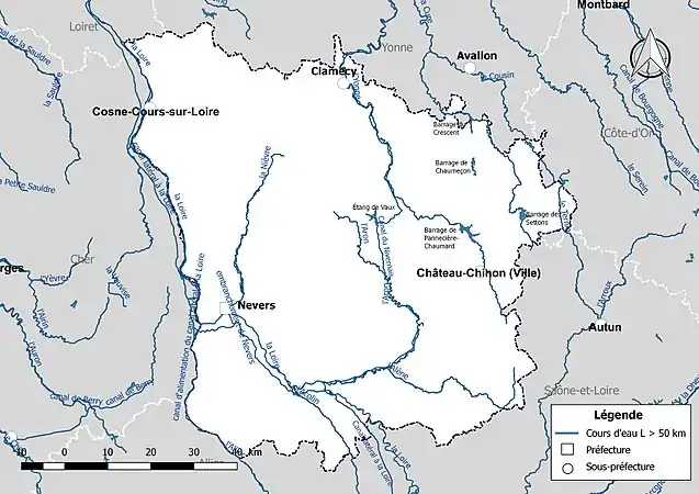 Carte des cours d'eau de longueur supérieure à 50 km de la Nièvre.