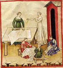 Aspects de la vie quotidienne : vêtements en lin, extrait du Tacuinum Sanitatis, XIVe siècle.