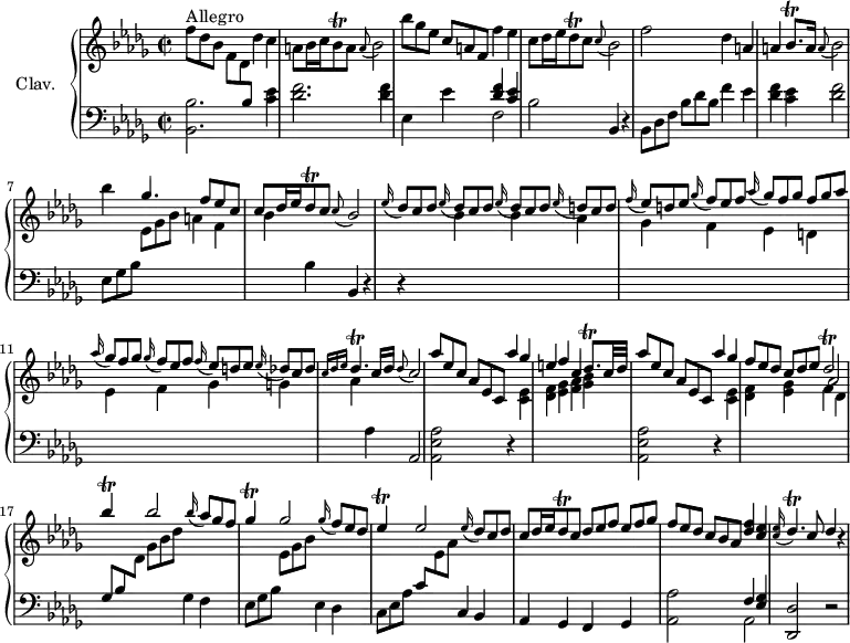 
\version "2.18.2"
\header {
  tagline = ##f
  % composer = "Domenico Scarlatti"
  % opus = "K. 128"
  % meter = "Allegro"
}
%% les petites notes
trillBesq      = { \tag #'print { bes8\trill } \tag #'midi { \times 2/3 { bes16 c bes } } }
trillBesqp     = { \tag #'print { bes8.\trill } \tag #'midi { \times 2/3 { bes16 c bes~ } bes16 } }
trillDesq      = { \tag #'print { des8\trill } \tag #'midi { \times 2/3 { des16 ees des } } }
trillDesqp     = { \tag #'print { des8.\trill } \tag #'midi { \times 2/3 { des16 ees des~ } des16 } }
trillDesb      = { \tag #'print { des2\trill } \tag #'midi { \times 2/3 { ees16 des ees } \tempo 2 = 60 des8~ \tempo 2 = 10 des4  \tempo 2 = 70 } }
trillBesUp     = { \tag #'print { bes'4\trill } \tag #'midi { \times 2/3 { c16 bes c } bes8 } }
trillDesp      = { \tag #'print { des4.\trill } \tag #'midi { \times 2/3 { ees16 des ees } des4 } }
trillGes       = { \tag #'print { ges4\trill } \tag #'midi { \times 2/3 { aes16 ges aes } ges8 } }
trillEes       = { \tag #'print { ees4\trill } \tag #'midi { \times 2/3 { f16 ees f } ees8 } }
appoABesb      = { \tag #'print { \appoggiatura a8 bes2 } \tag #'midi { \tempo 2 = 60 a4  \tempo 2 = 50 bes4   \tempo 2 = 70 } }
appoCBesb      = { \tag #'print { \appoggiatura c8 bes2 } \tag #'midi { \tempo 2 = 60 c4  \tempo 2 = 50 bes4   \tempo 2 = 70 } }
appoDesCb      = { \tag #'print { \appoggiatura des8 c2 } \tag #'midi { \tempo 2 = 60 des4  \tempo 2 = 50 c4   \tempo 2 = 70 } }
upper = \relative c'' {
  \clef treble 
  \key bes \minor
  \time 2/2
  \tempo 2 = 70
  \set Staff.midiInstrument = #"harpsichord"
  \override TupletBracket.bracket-visibility = ##f
      s8*0^\markup{Allegro}
      \omit TupletNumber \times 2/3 { f8 des bes } \times 2/3 { f8[ des  \stemUp  \change Staff = "lower" bes] } \stemNeutral   \change Staff = "upper" des'4 c |
      a8 bes16 c \trillBesq a8 \appoABesb |
      \times 2/3 { bes'8 ges ees } \times 2/3 { c8[ a f] } f'4 ees |
      c8 des16 ees \trillDesq c8 \appoCBesb | 
      % ms. 5
      f'2 des4 a | a \trillBesqp a16  \appoABesb | bes'4 \stemUp ges4. f8 ees c | c8 des16 ees \trillDesq c8 \appoCBesb | 
      % ms. 9
      \repeat unfold 3 { \appoggiatura ees16 \times 2/3 { des8[ c des] } } \appoggiatura ees16 \times 2/3 { d8 c d } |
      \appoggiatura f16 \times 2/3 { ees8[ d ees] } \appoggiatura ges16 \times 2/3 { f8 ees f } \appoggiatura aes16 \times 2/3 { ges8[ f ges] } \times 2/3 { f8[ ges aes] } |
      \appoggiatura aes16 \times 2/3 { ges8[ f ges] } \appoggiatura ges16 \times 2/3 { f8 ees f } \appoggiatura f16 \times 2/3 { ees8[ d ees] } \appoggiatura ees16 \times 2/3 { des8 c des } |
      % ms. 12
      \grace {  \tempo 2 = 46 c16 des ees }  \tempo 2 = 70 \trillDesp c16 des \appoDesCb | \times 2/3 { aes'8 ees c } \times 2/3 { aes8[ ees c] } aes''4 ges | e f c \trillDesqp c32 des | \times 2/3 { aes'8 ees c } \times 2/3 { aes8[ ees c] } aes''4 ges |
      % ms. 16
      \times 2/3 { f8 ees des } \times 2/3 { c8[ des ees] } \trillDesb | \trillBesUp bes2 \appoggiatura bes16 \times 2/3 { aes8 ges f } | \trillGes ges2 \appoggiatura ges16 \times 2/3 { f8 ees des } |
      % ms. 19
      \trillEes ees2 \appoggiatura ees16 \times 2/3 { des8 c des } | c8 des16 ees \trillDesq c8 \times 2/3 { des8 ees f } \times 2/3 { ees8[ f ges] } |
      \times 2/3 { f8 ees des } \times 2/3 { c8[ bes aes] } < des f >4 < c ees > | \appoggiatura < c ees >16  \trillDesp   \tempo 2 = 60 c8 des4 r4 |
}
lower = \relative c' {
  \clef bass
  \key bes \minor
  \time 2/2
  \set Staff.midiInstrument = #"harpsichord"
  \override TupletBracket.bracket-visibility = ##f
    % ************************************** \appoggiatura a16  \repeat unfold 2 {  } \times 2/3 { }   \omit TupletNumber
      < bes, bes' >2. < c' ees >4 | < des f >2. q4 | ees,4 ees' << { < des f >4 < c ees > } \\ { f,2 } >> | bes2 bes,4 r4 |
      % ms. 5
      \omit TupletNumber \times 2/3 { bes8[ des f] } \times 2/3 { bes8 des bes } f'4 ees | < des f > < c ees > < des f >2 | \times 2/3 { ees,8[ ges bes] } \stemDown \change Staff = "upper" \times 2/3 { ees8[ ges bes] } a4 f | bes \stemNeutral \change Staff = "lower" bes, bes,  r4  |
      % ms. 9
      r4 \stemDown \change Staff = "upper"  bes''4 bes aes | ges f ees d | ees f ges g |
      % ms. 12
      aes4 \stemNeutral \change Staff = "lower"  aes, aes,2 | < aes ees' aes >2 r4 \stemDown \change Staff = "upper" < c' ees >4 | < des f > < ees ges > < f aes > < ges bes > \stemNeutral \change Staff = "lower" < aes,, ees' aes >2 r4 \stemDown \change Staff = "upper" < c' ees >4 |
      % ms. 16
      < des f >4 < ees ges > << {  \shiftOn aes2 } \\ { f4   \tempo 2 = 60 des } >>   \tempo 2 = 72 |
      \stemNeutral \change Staff = "lower" \times 2/3 { ges,8[ bes \stemDown \change Staff = "upper" des] } \times 2/3 { ges8[ bes des] } \stemNeutral \change Staff = "lower" ges,,4 f |
      \times 2/3 { ees8 ges bes } \stemDown \change Staff = "upper" \times 2/3 { ees8[ ges bes] } \stemNeutral \change Staff = "lower" ees,,4 des | 
      % ms. 19
      \times 2/3 { c8[ ees aes] } \times 2/3 { c8 \stemDown \change Staff = "upper" ees aes } \stemNeutral \change Staff = "lower" c,,4 | bes aes ges f ges | < aes aes' >2 << { f'4 < ees ges > } \\ { aes,2 } >> | < des, des' >2 r2 |
}
thePianoStaff = \new PianoStaff <<
    \set PianoStaff.instrumentName = #"Clav."
    \new Staff = "upper" \upper
    \new Staff = "lower" \lower
  >>
\score {
  \keepWithTag #'print \thePianoStaff
  \layout {
      #(layout-set-staff-size 17)
    \context {
      \Score
     \override SpacingSpanner.common-shortest-duration = #(ly:make-moment 1/2)
      \remove "Metronome_mark_engraver"
    }
  }
}
\score {
  \keepWithTag #'midi \thePianoStaff
  \midi { }
}
