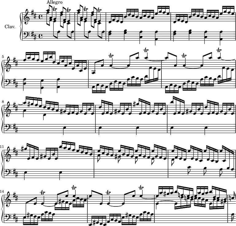 
\version "2.18.2"
\header { 
  tagline = ##f
  % composer = "Domenico Scarlatti"
  % opus = "K. 23"
  % meter = "Allegro"
}
%% les petites notes
trillE     = { \tag #'print { e4\trill~ } \tag #'midi { fis32 e fis e~ e8~ } }
trillG     = { \tag #'print { g4\trill } \tag #'midi { a32 g a g~ g8 } }
trillA     = { \tag #'print { a4\trill~ } \tag #'midi { b32 a b a~ a8~ } }
upper = \relative c'' {
  \clef treble 
  \key d \major
  \time 4/4
  \tempo 4 = 102
  \set Staff.midiInstrument = #"harpsichord"
  \override TupletBracket.bracket-visibility = ##f
      s8*0^\markup{Allegro}
      \stemUp \repeat unfold 2 { a'8 a, \trillG fis'8 fis, \trillE } | \repeat unfold 2 { d16 fis e d b' d cis b a cis b a e' g fis e } |
      % ms. 5
      fis16 a g fis e g b d, cis e a, cis e, a cis, e | a,8 a' \trillA a8 a'8 \trillA |
      % ms. 7
       a8 a, \trillA a8 a' \trillA | a16 gis fis e d cis b a gis e fis e gis e b' e, | d'e, fis e gis e b' e, gis' e, fis e gis e b' e, |
      % ms. 10
      b''16 e,, fis e gis e b' e, d' e, fis e gis e b' e,  | gis' e, fis e gis e b' e, b'' a gis fis e d cis b | e cis b a  e' b a gis  e' a, gis fis  e' gis, fis e |
      % ms. 13
      e'16 fis, e d e' e, d cis e' d, cis b e' cis, \stemUp \change Staff = "lower" b a | e8 \change Staff = "upper" e' \trillE e8 e' \trillE | e8 e, \trillE e8 e' \trillE |
      % ms. 16
      e16 a gis a  b f e d  e a gis a  b d, c b | c
}
lower = \relative c' {
  \clef bass
  \key d \major
  \time 4/4
  \set Staff.midiInstrument = #"harpsichord"
  \override TupletBracket.bracket-visibility = ##f
    % ************************************** \appoggiatura a8  \repeat unfold 2 {  } \times 2/3 { }   \omit TupletNumber 
      \repeat unfold 2 { \stemDown \change Staff = "upper" fis'8 fis, e[ \change Staff = "lower" a,] \stemDown \change Staff = "upper" d' d, cis[ \change Staff = "lower" a] } | \repeat unfold 2 { < fis a >4 < g b > < cis, a' > < a a' > }
      % ms. 5
      < d a' >4 < g, g' > < a a' > s4 | \repeat unfold 2 { \change Staff = "lower" a16 cis b a d fis e d a' cis b a d \stemDown \change Staff = "upper" fis e d } |
      % ms. 8
      a'4 d,  \change Staff = "lower" \repeat unfold 7 { e, s4 } | \stemDown \change Staff = "upper" a'8 s8 gis8 s8fis8 s8 e8 s8 |
      % ms. 13
      d8 s8 \change Staff = "lower"  cis8 s8 b8 s8 a8 s8 | e16 gis fis e a cis b a \stemDown \change Staff = "upper" e' gis fis e  a cis b a | \stemNeutral \change Staff = "lower"   e,,16 gis fis e a cis b a e' gis fis e a cis b a | \stemDown \change Staff = "upper" 
      % ms. 16
      e'4~ e16 d' c b c c b a e b' a gis \stemNeutral \change Staff = "lower" | a,
}
thePianoStaff = \new PianoStaff <<
    \set PianoStaff.instrumentName = #"Clav."
    \new Staff = "upper" \upper
    \new Staff = "lower" \lower
  >>
\score {
  \keepWithTag #'print \thePianoStaff
  \layout {
      #(layout-set-staff-size 17)
    \context {
      \Score
     \override SpacingSpanner.common-shortest-duration = #(ly:make-moment 1/2)
      \remove "Metronome_mark_engraver"
    }
  }
}
\score {
  \keepWithTag #'midi \thePianoStaff
  \midi { }
}
