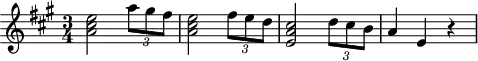 
\header {
  tagline = ##f
}
\score {
  \new Staff \with {
  }
<<
  \relative c'' {
    \key a \major
    \time 3/4
    \override TupletBracket #'bracket-visibility = ##f 
    %\autoBeamOff
     %%%%%%%%%%%%%%%%%%%%%%%%%% K15i
     < e cis a >2 \times 2/3 { a8 gis fis } < e cis a >2 \times 2/3 { fis8 e d } < cis a e >2 \times 2/3 { d8 cis b } a4 e r4
  }
>>
  \layout {
    \context {
      \remove "Metronome_mark_engraver"
    }
  }
  \midi {}
}
