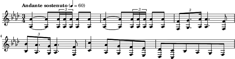  
{
\new voice \relative c \clef G \time 3/4 \key aes \major \tempo "Andante sostenuto" 4=60 \set Staff.midiInstrument = #"french horn"
% M1 
<aes' aes>4~ <aes' aes>8 \times 2/3 {<aes' aes>16 <aes' aes>16 <aes' aes>16} <aes' aes>8 <aes' aes>8 |  
%M2
<aes' aes>4~ <aes' aes>8 \times 2/3 {<aes' aes>16 <aes' aes>16 <aes' aes>16} <aes' aes>8 <aes' aes>8 |  
%M3
\times 2/3 {<f' f>8 <g' g>8. <aes' aes>16} <aes' aes>4. <f' f>8 |
%M4
\times 2/3 {<bes' bes>8 <aes' aes>8. <g' g>16} <aes' aes>4. <f' f>8 |
%M5
<c'' c'>4 <aes' aes>8 <g' g> <f' f> <ees' ees> |
%M6
<des' des>8 <c' c> bes aes  g f 
}
