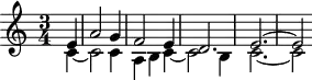 
\version "2.18.2"
\header {
  tagline = ##f
  % composer = "Johann Pachelbel"
  % opus = "Herzlich tut mich verlangen, P.378"
  % meter = ""
}
\score {
<<
  \relative c' {
   %  \clef bass
    \key c \major
    \time 3/4
    \override TupletBracket #'bracket-visibility = ##f 
     %s8*0^\markup{Aria}
     \partial 4
     << { e4 | a2 g4 | f2 e4 | d2. | e2.~ e2 } \\ { c4~ | c2 c4 | a b c~ | c2 b4 | c2.~ | c2 } >>
  }
>>
  \layout {
     #(layout-set-staff-size 17)
     \context { \Score \remove "Metronome_mark_engraver" 
     \override SpacingSpanner.common-shortest-duration = #(ly:make-moment 1/2)
     }
  }
}
