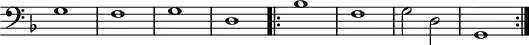 
\version "2.14.2"
\header {
  tagline = ##f
}
\score {
  \new Staff \with {
    \remove "Time_signature_engraver"
  }
<<
  \relative c' {
    \key f \major
    \clef bass
    \time 2/2
    \tempo 2 = 80
    \override TupletBracket #'bracket-visibility = ##f 
    \autoBeamOff
    \set Staff.midiInstrument = #"harpsichord"
     %%%%%%%% Passamezzo antico
     g1 f g d
     \repeat volta 2 { bes'1 f g2 d g,1 }
  }
>>
  \layout {
    \context { \Score \remove "Metronome_mark_engraver" }
    \context {
      \remove "Metronome_mark_engraver"
    }
  }
  \midi {}
}
