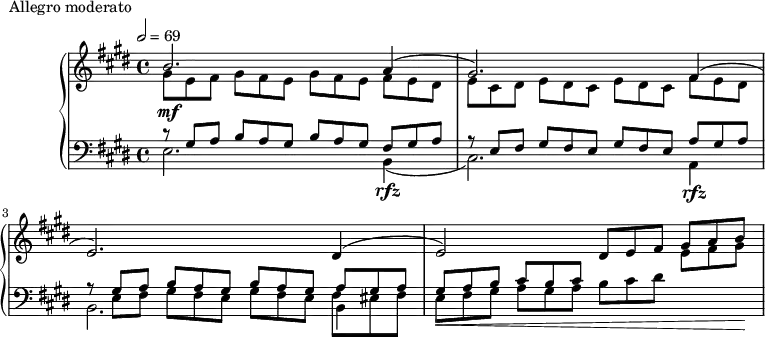 
\version "2.18.2"
\header {
  tagline = ##f
}
upper = \relative c'' {
  \clef treble 
  \key e \major
  \time 4/4
  \tempo 2 = 69
  \override TupletBracket.bracket-visibility = ##f
   %%Montgeroult — Étude 75 (pdf p. 35)
   << { b2.\mf a4( gis2.) fis4( e2.) dis4( e2) \tuplet 3/2 { dis8 e fis } \tuplet 3/2 { gis a b } } \\ { \tuplet 3/2 { gis8 e fis } \repeat unfold 2 { \tuplet 3/2 { gis fis e }}  \tuplet 3/2 { fis e dis } | \tuplet 3/2 { e cis dis } \repeat unfold 2 { \tuplet 3/2 { e dis cis }}  \tuplet 3/2 { fis e dis } } >>
}
lower = \relative c {
  \clef bass
  \key e \major
  \time 4/4
   << { \tuplet 3/2 { r8 gis'8 a } \repeat unfold 2 { \tuplet 3/2 { b a gis }}  \tuplet 3/2 { fis gis a } | \tuplet 3/2 { r8 e fis } \repeat unfold 2 { \tuplet 3/2 { gis fis e }}  \tuplet 3/2 { a gis a } } \\ { e2. b4(\rfz cis2.) a4\rfz } >>
  << { \tuplet 3/2 { r8 gis'8 a } \repeat unfold 2 { \tuplet 3/2 { b a gis }}  \tuplet 3/2 { a gis a } | } \\ { b,2. b4 } \\ { \tuplet 3/2 { \stemDown s8 e fis } \repeat unfold 2 { \tuplet 3/2 { gis fis e }}  \tuplet 3/2 { fis eis fis } } >>
  << { \tuplet 3/2 { gis8_\< a b } \tuplet 3/2 { cis b cis } s4 \change Staff = "upper" \tuplet 3/2 { \stemDown e8 fis gis\! } } \\ { \tuplet 3/2 { e, fis gis } \tuplet 3/2 { a gis a } \tuplet 3/2 { b cis dis } } >>
}
  \header {
    piece = "Allegro moderato"
  }
\score {
  \new PianoStaff <<
    \new Staff = "upper" \upper
    \new Staff = "lower" \lower
  >>
  \layout {
    \override TupletBracket.bracket-visibility = ##f
    \context {
      \Score
      %\remove "Metronome_mark_engraver"
      \omit TupletNumber
    }
  }
  \midi { }
}
