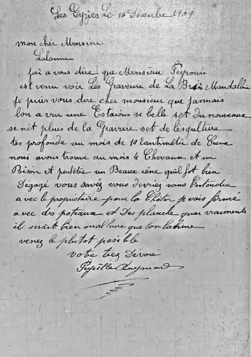 Lettre de R. Peyrille à J.-G. Lalanne annonçant la découverte des sculptures.