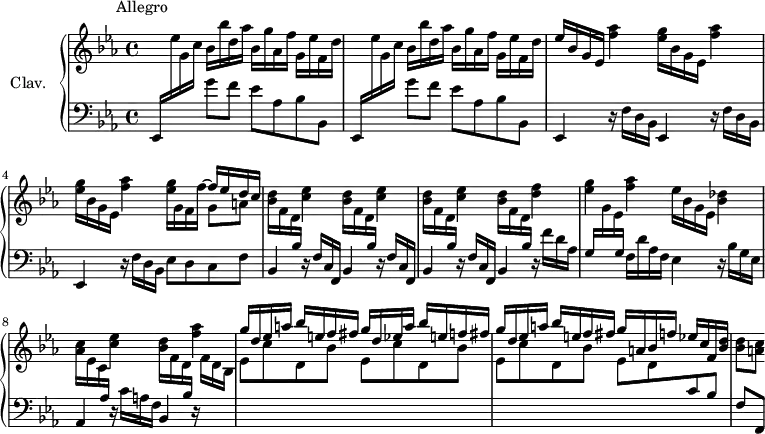 
\version "2.18.2"
\header {
  tagline = ##f
  % composer = "Domenico Scarlatti"
  % opus = "K. 51"
  meter = "                         Allegro"
}
%% les petites notes
%trillBesp     = { \tag #'print { bes4.\prall } \tag #'midi { c32 bes c bes~ bes4 } }
upper = \relative c'' {
  \clef treble 
  \key ees \major
  \time 4/4
  \tempo 4 = 82
  \set Staff.midiInstrument = #"harpsichord"
  \override TupletBracket.bracket-visibility = ##f
      % s8*0^\markup{Allegro}
      \repeat unfold 2 { \stemUp \change Staff = "lower" ees,,,16  \stemNeutral  \change Staff = "upper" ees''' g, c  bes bes' d, aes' bes, g' aes, f' g, ees' f, d' } | 
      % ms. 3
      ees16 bes g ees \repeat unfold 2 { < f' aes >4 < ees g >16 bes g ees } < f' aes >4 << { \stemDown < ees g >16 g, f f'~ \stemUp f ees d c } \\ { s4 g8 a } >> | \repeat unfold 3 { \stemDown < bes d >16 f d \stemUp \change Staff = "lower" bes \stemNeutral  \change Staff = "upper" < c' ees >4 }  \stemDown
      % ms. 6
      < bes d >16 f d \stemUp \change Staff = "lower" bes \stemNeutral \change Staff = "upper" < d' f >4 |
      % ms. 7
      < ees g > < f aes > \stemDown ees16 bes g ees < bes' des >4 |
      % ms. 8
      < aes c >16 ees c \stemUp \change Staff = "lower" aes \stemNeutral \change Staff = "upper"  < c' ees >4  \stemDown  < bes d >16 f d \stemUp \change Staff = "lower" bes \stemNeutral \change Staff = "upper" < f'' aes >4
      % ms. 9
      \stemUp g16 d ees a  bes e, f fis  g d ees a bes e, f fis | g d ees a  bes e, f fis  g a, bes f' ees c f, < bes d > \stemNeutral | q8[ < a c >8]
      % ms. x
}
lower = \relative c' {
  \clef bass
  \key ees \major
  \time 4/4
  \set Staff.midiInstrument = #"harpsichord"
  \override TupletBracket.bracket-visibility = ##f
    % ************************************** \appoggiatura a16  \repeat unfold 2 {  } \times 2/3 { }   \omit TupletNumber 
      \repeat unfold 2 { s4 g'8 f ees aes, bes bes, }
      % ms. 3
      \repeat unfold 3 { ees,4 r16 f'16 d bes } | ees8 d c f | \repeat unfold 3 { bes,4 r16 f'16 c f, }
      % ms. 6 fin
      bes4 r16 f'' d aes  | g \change Staff = "upper" g' ees \change Staff = "lower" g, f d' aes f ees4 | r16 bes'16 g ees | aes,4 r16 c'16 a f bes,4 r16 \stemDown \change Staff = "upper" f'' d bes |
      % ms. 9
      \repeat unfold 3 { ees8 c' d, bes' } ees, d \stemUp \change Staff = "lower" c bes | f[ f,] 
      % ms. 12
}
thePianoStaff = \new PianoStaff <<
    \set PianoStaff.instrumentName = #"Clav."
    \new Staff = "upper" \upper
    \new Staff = "lower" \lower
  >>
\score {
  \keepWithTag #'print \thePianoStaff
  \layout {
      #(layout-set-staff-size 17)
    \context {
      \Score
     \override SpacingSpanner.common-shortest-duration = #(ly:make-moment 1/2)
      \remove "Metronome_mark_engraver"
    }
  }
}
\score {
  \keepWithTag #'midi \thePianoStaff
  \midi { }
}
