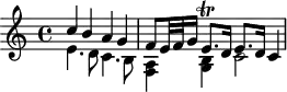 
\version "2.18.2"
\header {
  tagline = ##f
  % composer = "Johann Pachelbel"
  % opus = "Hexachordum Apollinis : Aria quinta"
  % meter = ""
}
\score {
<<
  \relative c'' {
    \key c \major
    \time 4/4
    \override TupletBracket #'bracket-visibility = ##f 
     << { c4 b a g | f8 e32 f g16 e8.\trill d16 e8. d16 c4 } 
     \\ { e4. d8 c4. b8 | <f a >4 <g b > c2 } >> |
  }
>>
  \layout {
     #(layout-set-staff-size 17)
     \context { \Score \remove "Metronome_mark_engraver" 
     \override SpacingSpanner.common-shortest-duration = #(ly:make-moment 1/2)
     }
  }
}
