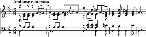 
\version "2.18.2"
<<
  \new Staff  \relative c' {
         \clef "treble" 
         \tempo "Andante con moto"
         \key d \major
         \time 6/8
        <<{\stemDown c8\rest  \p <d fis>8 <d fis> <d fis>4.  c8\rest  <e g>8 <e g> <e g>4. } \\ { \stemUp a'4\rest  a8\rest  a8\rest  g, ^ (gis a4.) ~  a8 \grace cis16 (b8) a}>> 
         <<{\stemDown c,8\rest   fis8  fis fis4 <d fis>8 } \\ { \stemUp fis'4 (d8) ~ d a ais}>> 
         <e g b>4 <d g d'>8 <e g cis!>4 <e g b>8 a4.
}
 \new Staff \relative c {      
         \clef "bass" 
         \key d \major
         \time 6/8 
         \tempo 4 = 100
         <<{\stemDown d2. } \\ { \stemUp b'8\rest a a a4. }>>
         <<{\stemDown cis,2. } \\ { \stemUp b'8\rest a a a4. }>>
         <<{\stemDown d,4. ~ d4 } \\ { \stemUp b'8\rest <a d> <a d> <a d>4 }>>
         <d, c'>8 <d b'>4 <d b'>8 d4 <d cis'>8 d4. 
 }
>>
