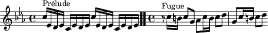 
\version "2.18.2"
\header {
  tagline = ##f
}
\score {
  \new Staff \with {
%fontSize = #-2
  }
<<
  \relative c'' {
    \key c \minor
    \time 4/4
     %% INCIPIT CBT I-2, BWV 847, ut mineur
     s4*0^\markup{Prélude} \repeat unfold 2 { c16 ees, d ees c ees d ees }  \bar ".."
     \time 4/4 
     r8^\markup{Fugue} c'16 b c8 g aes c16 b c8 d g, c16 b c8 d
  }
>>
  \layout {
     \context { \Score \remove "Metronome_mark_engraver" 
     \override SpacingSpanner.common-shortest-duration = #(ly:make-moment 1/2) 
}
  }
  \midi {}
}
