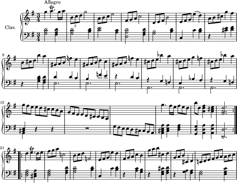 
\version "2.18.2"
\header {
  tagline = ##f
  % composer = "Domenico Scarlatti"
  % opus = "K. 75"
  % meter = "Allegro"
}
%% les petites notes
trillAp       = { \tag #'print { a4.\trill } \tag #'midi { b32 a b a b a b a~ a8 } }
trillEp       = { \tag #'print { e4.\trill } \tag #'midi { fis32 e fis e fis e fis e~ c8 } }
upper = \relative c'' {
  \clef treble 
  \key g \major
  \time 3/4
  \tempo 4 = 102
  \set Staff.midiInstrument = #"harpsichord"
  \override TupletBracket.bracket-visibility = ##f
  \repeat volta 2 {
      s8*0^\markup{Allegro}
      g'4 \trillAp g16 a | \times 2/3 { b,8 c d } g2 | \omit TupletNumber  \times 2/3 { a,8 b c } e2 | \times 2/3 { fis,8 g a } c2 |
      % ms. 5
      \times 2/3 { d,8 e fis } b2 | \times 2/3 { e,8 fis g } e'4( d) | \times 2/3 { a8 b cis } g'4 fis | \times 2/3 { b,8 cis d } b'4 a |
      % ms. 9
      \times 2/3 { gis,8 a b } f'4 e | \times 2/3 { gis,8 a b } d4 c | \times 2/3 { gis8 a b } f'4 e | \times 2/3 { cis8 d e } bes'4 a |
      % ms. 13
      \times 2/3 { cis,8 d e } g4 f | \times 2/3 { cis8 d e } bes'4 a | \times 2/3 { g8 fis e e[ d cis] cis b a | g8 fis e e[ d cis] cis b a } |
      % ms. 17
      s2. | g''4.  fis16 e \times 2/3 { fis8 e d } | b'8 d, < a d fis >4 < a cis e > | < fis a d >2. }%repet
      \bar ":..:"
      % ms. 21
      d'4 \trillEp d16 e | \times 2/3 { fis8 g a } c,!2 | \times 2/3 { b8 c d } f,2 | \times 2/3 { e8 fis g } e'4 d |
      % ms. 25
      \times 2/3 { fis,8 g a } c4 b | \times 2/3 { g'8 a b } cis,4 d | \times 2/3 { g,8 a b } cis,4 d | \times 2/3 { c!8 d e | fis[ g a] a b c } 
}
lower = \relative c' {
  \clef bass
  \key g \major
  \time 3/4
  \set Staff.midiInstrument = #"harpsichord"
  \override TupletBracket.bracket-visibility = ##f
  \repeat volta 2 {
    % **************************************
      < g b d >2 < fis a d >4 | < g b d >2 < b d >4 | < c e >2 < a c >4 | < d, a' d >2 < fis a d >4 |
      % ms. 5
      < g b >2 < b d >4 | c,4 c' < b d > | r4 < cis e >4 < d fis > | r4 < g, b d >4 < fis a d > |
      % ms. 9
      << { d'4 d c  | b f' e | r4 d4 c } \\ { e,2. e e }  >>
      % ms. 12
      << { r4 g4 f | e bes' a | r4 g4 f | < cis e > } \\ {  a2. a a | a4 } >> r4 r4 | R2. |
      % ms. 17
      \omit TupletNumber \times 2/3 { g'8 fis e e[ d cis] cis b a } | < a cis e a >4 < cis e a > < d fis a > | < g, d' g > < a d a' > < a e' a > | < d, d' >2. }%repet
      \bar ":..:"
      % ms. 21
      < d' fis a >2 < cis e a >4 | < d fis a >2 <fis a d >4 | < g b d >2 < b d >4 | c,4 c' < b d >
      % ms. 25
      r4 < a c >4 < g b > | r4 < e g cis >4 < fis a d > | r4 < g a >4 < fis a > | < e g >2 < e g c >4
}
thePianoStaff = \new PianoStaff <<
    \set PianoStaff.instrumentName = #"Clav."
    \new Staff = "upper" \upper
    \new Staff = "lower" \lower
  >>
\score {
  \keepWithTag #'print \thePianoStaff
  \layout {
      #(layout-set-staff-size 17)
    \context {
      \Score
     \override SpacingSpanner.common-shortest-duration = #(ly:make-moment 1/2)
      \remove "Metronome_mark_engraver"
    }
  }
}
\score {
  \unfoldRepeats 
  \keepWithTag #'midi \thePianoStaff
  \midi { }
}
