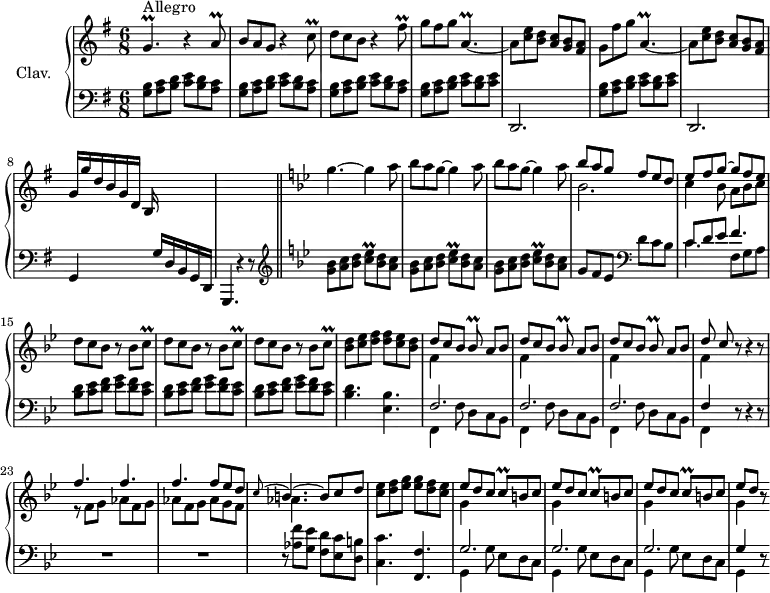 
\version "2.18.2"
\header {
  tagline = ##f
  % composer = "Domenico Scarlatti"
  % opus = "K. 494"
  % meter = "Allegro"
}
%% les petites notes
trillGp       = { \tag #'print { g4.\prall } \tag #'midi { a32 g a g~ g4 } }
trillaq       = { \tag #'print { a8\prall } \tag #'midi { b32 a b a } }
trillcq       = { \tag #'print { c8\prall } \tag #'midi { d32 c d c } }
trillFisqUp   = { \tag #'print { fis'8\prall } \tag #'midi { g32 fis g fis } }
trillApDown   = { \tag #'print { a,4.\prall~ } \tag #'midi { b32 a b a~ a4~ } }
trillCeESq    = { \tag #'print { < c ees >8\prall } \tag #'midi { << { f32 ees f ees } \\ { c8 } >> } }
trillBesq     = { \tag #'print { bes8\prall } \tag #'midi { c32 bes c bes } }
upper = \relative c'' {
  \clef treble 
  \key g \major
  \time 6/8
  \tempo 4. = 88
      s8*0^\markup{Allegro}
      \trillGp r4 \trillaq | b8 a g r4 \trillcq | d8 c b r4 \trillFisqUp | g8 fis g \trillApDown |
      % ms. 5
      a8 < c e > < b d > < a c > < g b > < fis a > | g fis' g \trillApDown | a8 < c e > < b d > < a c > < g b > < fis a > | g16 g' d b g d b s16 s4 | s2. |   \key g \minor
      % ms. 10
      g''4.~ g4 \repeat unfold 2 { a8 | bes a g~ g4 } a8 | << { bes8 a g f ees d } \\ { bes2. } >>
      % ms. 14
      << { ees8 f g~ g f ees } \\ { c4 bes8 a bes c } >> | \repeat unfold 3 { d8 c bes r8 bes \trillcq } | 
      % ms. 18
      < bes d >8 < c ees > < d f > q < c ees > < bes d > | \repeat unfold 3 { << { d8 c bes \trillBesq a8[ bes] } \\ { f4 } >> } |
      << { d'8 c } \\ { f,4 } >> r8 r4 r8 |
      % ms. 23
      << { f'4. f f f8 ees d } \\ { r8 f,8 g aes f g | aes f g aes g f }  >> | << { \appoggiatura c'8 b4.~ b8 c d } \\ { aes4. } >> | < c ees >8 < d f > < ees g > q < d f > < c ees > |
      % ms. 27
      \repeat unfold 3 { << { ees8 d c \trillcq b8 c } \\ { g4 } >> } | << { ees'8[ d] } \\ { g,4 } >> r8
}
lower = \relative c' {
  \clef bass
  \key g \major
  \time 6/8
    % ************************************** \appoggiatura a16  \repeat unfold 2 {  } \times 2/3 { }   \omit TupletNumber 
      \repeat unfold 3 { < g b >8 < a c > < b d > < c e > < b d > < a c > } | \repeat unfold 2 { < g b >8 < a c > < b d > < c e > < b d > < c e > |
      % ms. 5
      d,,2. } | g4 s8. g'16 d b g d g,4. r4 r8 |  \bar "||"  \key g \minor   \clef treble 
      % ms. 10
      \repeat unfold 3 { < g''' bes >8 < a c > < bes d > \trillCeESq < bes d > < a c > } | g8 f ees   \clef bass d c bes |
      % ms. 14
      << { c8 d ees f4. } \\ { \mergeDifferentlyDottedOn c4. f,8 g a } >> |
      \repeat unfold 3 { < bes d >8 < c ees > < d f > < ees g > < d f > < c ees > }
      % ms. 18
      < bes d >4. < ees, bes' > |
      \repeat unfold 3 { << { f2. } \\ { f,4 f'8 d c bes } >> } | << { f'4 } \\ { f,4 } >> r8 r4 r8 |
      % ms. 23
      R2.*2 | r8 < aes' f' >8 < g ees' > < f d' > < ees c' > < d b' > | < c c' >4. < f, f' > |
      % ms. 27
      \repeat unfold 3 { << { g'2. } \\ { g,4 g'8 ees d c } >> } | <<  { g'4 } \\ { g,4 } >> r8
}
thePianoStaff = \new PianoStaff <<
    \set PianoStaff.instrumentName = #"Clav."
    \new Staff = "upper" \upper
    \new Staff = "lower" \lower
  >>
\score {
  \keepWithTag #'print \thePianoStaff
  \layout {
      #(layout-set-staff-size 17)
    \context {
      \Score
     \override TupletBracket.bracket-visibility = ##f
     \override SpacingSpanner.common-shortest-duration = #(ly:make-moment 1/2)
      \remove "Metronome_mark_engraver"
    }
  }
}
\score {
  \keepWithTag #'midi \thePianoStaff
  \midi { \set Staff.midiInstrument = #"harpsichord" }
}
