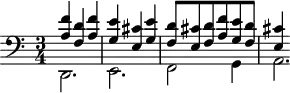 
\version "2.18.2"
\header {
  tagline = ##f
  % composer = "Johann Pachelbel"
  % opus = "Chaconne en ré mineur, P. 41"
  % meter = ""
}
\score {
<<
  \relative c' {
    \clef bass
    \key c \major
    \time 3/4
    \override TupletBracket #'bracket-visibility = ##f 
     %s8*0^\markup{Aria}
     << { < a f' >4 < f d' > < a f' > | < g e' > < e cis' > < g e' > | < f d' >8 < e cis' > < f d' > < a f' > < g e' > < f d' > | < e cis' >4 } 
     \\ { d,2. e f2 g4 | a2.*1/3 } >>
  }
>>
  \layout {
     #(layout-set-staff-size 17)
     \context { \Score \remove "Metronome_mark_engraver" 
     \override SpacingSpanner.common-shortest-duration = #(ly:make-moment 1/2)
     }
  }
}
