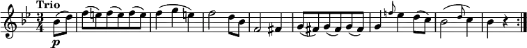 
\version "2.18.2"
\relative c'' {
  \key bes \major
  \time 3/4
  \tempo "Trio "
  \tempo 4 = 140
  \partial 4 bes8  \p (d)
  f (e) f (e) f (e)
  f4 (g e)
  f2 d8 bes
  f2 fis4
  g8 (fis) g (fis) g (fis)
  g4 \grace f'!8 ees4 d8 (c)
  bes2 (\grace d8 (c4))
  bes r \bar ":|."
}
