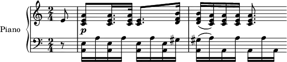 
\version "2.18.2"
\header {
  tagline = ##f
}
upper = \relative c' {
  \clef treble 
  \key c \major
  \time 2/4
  \tempo 4 = 45
    \partial 8 e8
    < c e a >8\p < c e a >16. < c e a >32 < e c >8. < d f b >16 |
    < d f b >( < c e a >) < c e a > < c e a > < c e a >8.
}
lower = \relative c {
  \clef bass
  \key c \major
  \time 2/4
    r8
    < a e' >16 a' < a, e' > a' < a, e' > a' < a, e' > gis' < gis a, >( a) a, a' a,[ a' a,]
}
\score {
  \new PianoStaff <<
    \set PianoStaff.instrumentName = #"Piano"
    \new Staff = "upper" \upper
    \new Staff = "lower" \lower
  >>
  \layout {
    \context {
      \Score
      \remove "Metronome_mark_engraver"
    }
  }
  \midi { }
}
