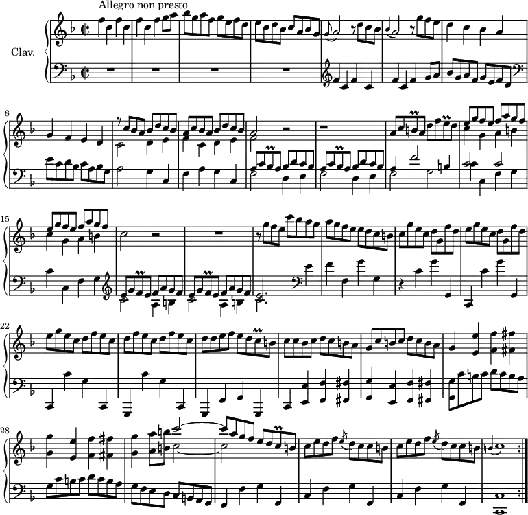 
\version "2.18.2"
\header {
  tagline = ##f
  % composer = "Domenico Scarlatti"
  % opus = "K. 505"
  % meter = "Allegro non presto"
}
%% les petites notes
trillBq     = { \tag #'print { b8\prall } \tag #'midi { \times 2/3 { b16 c b } } }
trillEq     = { \tag #'print { e8\prall } \tag #'midi { \times 2/3 { e16 f e } } }
trillCq     = { \tag #'print { c8\prall } \tag #'midi { \times 2/3 { c16 d c } } }
trillBesq   = { \tag #'print { bes8\prall } \tag #'midi { \times 2/3 { bes16 c bes } } }
trillFq     = { \tag #'print { f8\prall } \tag #'midi { \times 2/3 { f16 g f } } }
appoGA      = { \tag #'print { \appoggiatura g8 a2 } \tag #'midi { g8 a4. } }
appoBesA    = { \tag #'print { \appoggiatura bes4 a2 } \tag #'midi { bes4 a4 } }
appoBC      = { \tag #'print { \appoggiatura b4 c1 } \tag #'midi { b2 c2 } }
upper = \relative c'' {
  \clef treble 
  \key f \major
  \time 2/2
  \tempo 2 = 82
   \repeat volta 2 {
      s8*0^\markup{Allegro non presto}
      \repeat unfold 3 { f4 c } f g8 a | bes g a f g e f d | e c d bes c a bes g |
      % ms. 5
      \appoGA r8 d8 c bes | \appoBesA r8 g'8 f e | d4 c bes a | g f e d |
      % ms. 9
      << { r8 c'8 bes a bes d c bes | a c bes a bes d c bes | a2 } 
       \\ { c,2 d4 e | f c d e | f2 } >> r2 | r1 | a8 c \trillBq a8 d f \trillEq d |
      % ms. 14
      << { \repeat unfold 2 { e8 g f e  f a g f } } \\ { c4 g a b | c g a b | c2 } >> r2 | R1 | 
      % ms. 18
      r8 g'8 f e c' bes a g | a g f e e d c b | c \repeat unfold 2 { g'8 e c d g, f' d |
      % ms. 22
      e8 } g8 e c \repeat unfold 3 { d8 f e c } | d8 d e f e d \trillCq b8 | c c bes c d c b a |
      % ms. 26
      g8 c b c d c b a | g4 \repeat unfold 2 { < e e' > < f f' > < fis fis' > | < g g' > } < a a' >8 < b b' >
      % ms. 29 suite
      << { c'2~ | c8 a g f e d \trillCq b8 } \\ { c2~ | c } >> | \repeat unfold 2 { c8 e d f \acciaccatura e8 d8 c c b } | \appoBC  }%repet
}
lower = \relative c' {
  \clef bass
  \key f \major
  \time 2/2
  \repeat volta 2 {
    % ************************************** \appoggiatura a16  \repeat unfold 2 {  } \times 2/3 { }   \omit TupletNumber 
      R1*4 |   \clef treble \repeat unfold 3 { f4 c } | f g8 a | bes g a f g e f d   \clef bass | e c d bes c a bes g | a2 g4 c, |
      % ms. 10
      f4 a g c, | \repeat unfold 2 { << { a'8 c \trillBesq a8 bes d c bes } \\ { f2 d4 e } >> } |
      % ms. 13
      << { a4 f'2 b,4 | c2 c } \\ { f,2 g | \repeat unfold 2 { c4 c, f g } } >> \clef treble |
      \repeat unfold 2 { << { e'8 g \trillFq e8 f a g f } \\ { c2 a4 b } >> } |
      % ms. 18
      << { e2. } \\ { c2. } >> \clef bass e4 | f f, g' g, | r4 c4 g' g,, | c, c'' g' g,, |
      % ms. 22
      c,4 c'' g c,, g | c'' g c,, | g f' g g, | c < e e' > < f f' > < fis fis' > |
      % ms. 26
      < g g' >4 < e e' > < f f' > < fis fis' > | < g g' >8 \repeat unfold 2 { c'8 b c d c b a | g } f e d c b  a g |
      % ms. 30
      f4 \repeat unfold 2 { f'4 g g, | c } f g   \tempo 2 = 62 g, | \tempo 2 = 50 < c, c' >1   \tempo 2 = 82 }%repet
}
thePianoStaff = \new PianoStaff <<
    \set PianoStaff.instrumentName = #"Clav."
    \new Staff = "upper" \upper
    \new Staff = "lower" \lower
  >>
\score {
  \keepWithTag #'print \thePianoStaff
  \layout {
      #(layout-set-staff-size 17)
    \context {
      \Score
     \override TupletBracket.bracket-visibility = ##f
     \override SpacingSpanner.common-shortest-duration = #(ly:make-moment 1/2)
      \remove "Metronome_mark_engraver"
    }
  }
}
\score {
  \unfoldRepeats
  \keepWithTag #'midi \thePianoStaff
  \midi { \set Staff.midiInstrument = #"harpsichord" }
}
