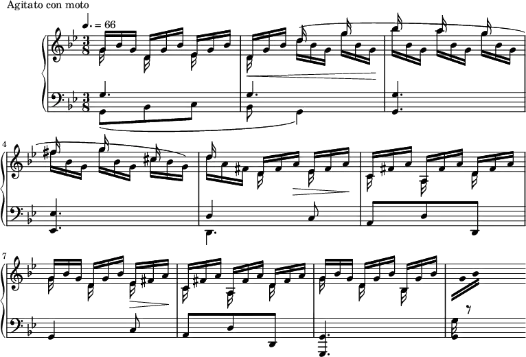 
\version "2.18.2"
\header {
  tagline = ##f
}
upper = \relative c'' {
  \clef treble 
  \key g \minor
  \time 3/8
  \tempo 4. = 66
  %\autoBeamOff
  \override TupletBracket.bracket-visibility = ##f
   %%Montgeroult — Étude 92 (pdf p. 114)
    << { \omit TupletNumber \tuplet 3/2 { g16[ bes g]  d[ g bes] ees,[ g bes] | d,[ g bes] } d s16  g16 s16 } \\ { g,16 s16 d16 s16 ees16 s16 d16\< s16 \omit TupletNumber \tuplet 3/2 { d'16[^( bes g] g' bes, g\! } } >>
    << { bes'16 s16 a16 s16 g16 s16 | fis16 s16 g16 s16 cis,16 s16 } \\ { \tuplet 3/2 { bes'16[ bes, g] a'[ bes, g] g'[ bes, g] fis'16[ bes, g] g'16[ bes, g] cis16[ bes g]) } } >>
    << { d'16 s16 \tuplet 3/2 { d,16[ fis a]\> ees[ fis a]\! | c,[ fis a] a,[ fis' a] d, fis a } } \\ { \tuplet 3/2 { d16[ a fis] } d16 s16  ees16 s16 c16 s16  a16 s16 d16 s16 } >>
    \relative c''
    << { \tuplet 3/2 { g16 bes g  d[ g bes] ees,\> fis a\! c,[ fis a] a, fis' a d,[ fis a] } } \\ { g16 s16 d16 s16 ees16 s16 c16 s16 a16 s16 d16 s16 } >>
    << { \tuplet 3/2 { g16 bes g  d[ g bes] bes, g' bes } } \\ { g16 s16 d16 s16 bes16 s16  \tuplet 3/2 { \change Staff = "lower" g16 \change Staff = "upper" \stemUp g'16 bes } } >>
}
lower = \relative c {
  \clef bass
  \key g \minor
  \time 3/8
    << { g'4. g4. } \\ { g,8( bes c bes g4) } >>
    < g' g, >4. < ees ees, >
    << { d4 c8( a d d, } \\ { d4. } >>
    g4 c8( a d d, < g g, >4.~ << { \stemDown g'16 r8 } \\ { \stemDown g,4 } >>
}
  \header {
    piece = "Agitato con moto"
  }
\score {
  \new PianoStaff <<
    \new Staff = "upper" \upper
    \new Staff = "lower" \lower
  >>
  \layout {
    \override TupletBracket.bracket-visibility = ##f
    \context {
      \Score
      %\remove "Metronome_mark_engraver"
    }
  }
  \midi { }
}
