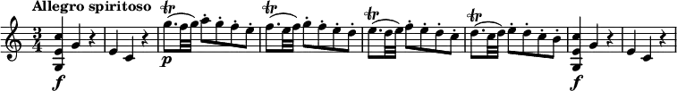 
\relative c'' {
  \override Score.NonMusicalPaperColumn #'line-break-permission = ##f
  \version "2.18.2"
  \tempo "Allegro spiritoso"
  \tempo 4 = 150
  \time 3/4
  <c e, g,>4\f g r |
  e4 c r |
  g''8.\trill\p( f32 g) a8-. g-. f-. e-. |
  f8.\trill( e32 f) g8-. f-. e-. d-. |
  e8.\trill( d32 e) f8-. e-. d-. c-. |
  d8.\trill( c32 d) e8-. d-. c-. b-.|
  <c e, g,>4\f g r |
  e4 c r |
}
