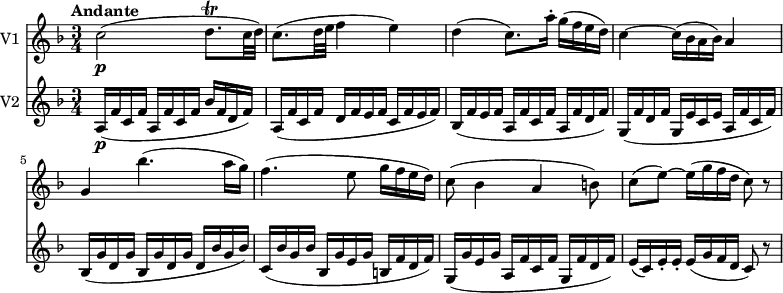 
<< \new Staff \with { instrumentName = #"V1 "}
    \relative c'' {
    \version "2.18.2"
    \key f \major 
    \tempo "Andante"
    \time 3/4
    \tempo 4 = 60
  c2 \p (d8. \trill c32 d)
  c8. (d32 e f4 e)
  d4 (c8.) a'16-. g (f e d)
  c4 ~ c16 (bes a bes) a4
  g bes'4. (a16 g)
  f4. (e8 g16 f e d)
  c8 (bes4 a b8)
  c (e)  ~ e16 (g f d c8) r
}
\new Staff \with { instrumentName = #"V2 "} \relative c' {
    \key f \major 
    \set Staff.midiMinimumVolume = #0.2 \set Staff.midiMaximumVolume = #0.5
    a16 \p (f' c f a, f' c f bes f d f)
    a, (f' c f d f e f c f e f)
    bes, (f' e f a, f' c f a, f' d f)
    g, (f' d f g, e' c e a, f' c f)
    bes, (g' d g bes, g' d g d bes' g bes)
    c, (bes' g bes bes, g' e g b, f' d f)
    g, (g' e g a, f' c f g, f' d f)
    e (c) e-. e-. e (g f d c8) r
 }
>>
