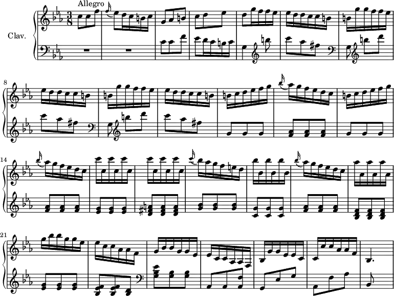 
\version "2.18.2"
\header {
  tagline = ##f
}
upper = \relative c'' {
  \clef treble 
  \key c \minor
  \time 3/8
  \tempo 4. = 62
  \set Staff.midiInstrument = #"harpsichord"
  \override TupletBracket.bracket-visibility = ##f
      s8*0^\markup{Allegro}
      c8 c f | \appoggiatura f16 ees8 d16 c b c | g8 aes b | c d ees | d g16 f f ees | ees d d c c b |
      % ms. 7
      \repeat unfold 2 { b16 g' g f f ees | ees d d c c b } | \repeat unfold 2 { b16 c d ees f g | \appoggiatura bes16 aes16 g f ees d c }
      % ms. 15
      \repeat unfold 6 { c'16 c, } \appoggiatura c'16 bes16 aes g f e d | \repeat unfold 3 { bes'16 bes, }
      % ms. 22
      \appoggiatura bes'16 aes16 g f ees d c \repeat unfold 3 { aes'16 aes, } g'16 bes bes g g ees | ees c c aes aes f | g bes bes g g ees | ees c c aes aes f | 
      % ms. 25
      bes16 g' g ees ees c | c c' c aes aes f | bes,4.~ % Poursuivre jusqu'à la mesure 44…
}
lower = \relative c' {
  \clef bass
  \key c \minor
  \time 3/8
  \set Staff.midiInstrument = #"harpsichord"
  \omit Staff.TimeSignature
    % **************************************
     R4.*2 | c8 c f | ees d16 c b c | g4   \clef treble b''8 | c aes fis | 
      % ms. 7
      \repeat unfold 2 {  \clef bass  g,,8 \clef treble b''8[ d] | c aes fis } | \repeat unfold 2 { g, g g | < f aes >8 q q } |
      % ms. 15
      < ees g >8 q q | < d fis a > q q | < g bes > q q | < c, g' > q q |
      % ms. 19 
      < f aes >8 q q | < bes, d f > q q | < ees g > q q | < bes ees f > q < bes d >   \clef bass < g bes ees >8 < g bes > q | aes, aes < aes f' >
      % ms. 25
      g8 ees' g | aes, f' aes | bes,
}
thePianoStaff = \new PianoStaff <<
    \set PianoStaff.instrumentName = #"Clav."
    \new Staff = "upper" \upper
    \new Staff = "lower" \lower
  >>
\score {
  \keepWithTag #'print \thePianoStaff
  \layout {
      #(layout-set-staff-size 17)
    \context {
      \Score
     \override SpacingSpanner.common-shortest-duration = #(ly:make-moment 1/3)
      \remove "Metronome_mark_engraver"
    }
  }
}
\score {
  \keepWithTag #'midi \thePianoStaff
  \midi { }
}
