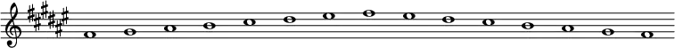 
\new Staff {
  \relative c' {
    \key fis \major
    \override Staff.TimeSignature #'stencil = ##f
    \override Staff.BarLine #'stencil = ##f
     fis1 gis ais b cis dis eis fis eis dis cis b ais gis fis
  }
}
\midi {
  \context {
    \Score
    tempoWholesPerMinute = #(ly:make-moment 120 1)
  }
}
