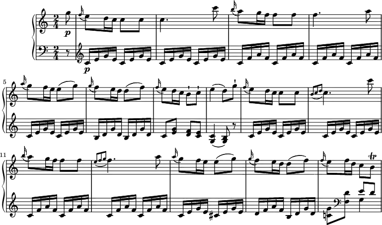 
\version "2.18.2"
\header {
  tagline = ##f
}
upper = \relative c'' {
         \clef "treble" 
         \tempo "Allegretto grazioso"
         \key c  \major
         \time 2/4 
         \tempo 4 = 90
       \partial 8 g'8\p
       \grace f16 (e8) d16 c c8 c
       c4. c'8
       \grace b16 (a8) g16 f f8 f
        f4. a8
       \grace a16 (g8) f16 e e8 (g)
       \grace g16 (f8) e16 d d8 (f)
        \grace f16 (e8) d16 c b8-! c-!
        e4 (d8) g-!
       \grace f16 (e8) d16 c c8 c
       \grace{b (c d}  c4.) c'8
       \grace b16 (a8) g16 f f8 f
        \grace{e (f g} f4.) a8
       \grace a16 (g8) f16 e e8 (g)
       \grace g16 (f8) e16 d d8 (f)
        \grace f16 (e8) f16 d c8 b\trill
}
lower =\relative c' {      
         \clef "bass" 
         \key c \major
         \time 2/4 
\set Staff.midiMinimumVolume = #0.2 
\set Staff.midiMaximumVolume = #0.4
       \partial 8 r8
        \clef "treble"
        c16\p e g e
        \repeat unfold 3 {  c16 e g e }
        \repeat unfold 4 {  c f a f} 
         \repeat unfold 2 {  c e g e }
         \repeat unfold 2 {  b d g d }
         c8 <e g> <d f> <c e>
         <g c>4 (<g b>8) r8
         \repeat unfold 4 {  c16 e g e }
         \repeat unfold 4 {  c f a f}
         c16 e g e cis16 e g e
          d f a f b, d g d
         <c! g'>8  \clef "bass"  <f, d'> <<{e'8 d} \\ {g,4}>>
} 
\score {
  \new PianoStaff <<
    \new Staff = "upper" \upper
    \new Staff = "lower" \lower
  >>
  \layout {
    \context {
      \Score
      \remove "Metronome_mark_engraver"
    }
  }
  \midi { }
}
