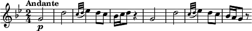 
\relative c'' {
  \version "2.18.2"
  \key bes \major
  \tempo "Andante"
  \time 2/4
   \tempo 4 = 50
   g2\p d'
   \grace {c32 (d} ees4) d8 c
   bes16 c d8 r4
   g,2 d'
   \grace {c32 (d32]} ees4) d8 c8
   bes16 a g8 r8
}
